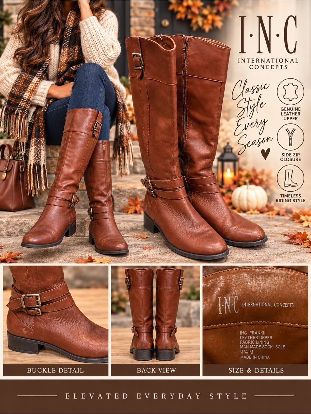INC Frankii Brown Leather Riding Boots 9.5 Equestrian Buckle Knee High